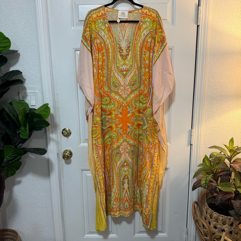 NWOT $298 Nicoblu Orange Yellow Viscose Kaftan Plus Size 20-24